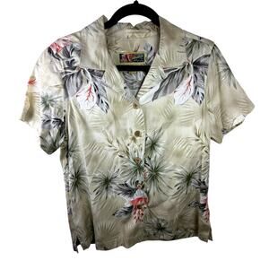 Vtg La Cabana Tropical Leaf Print Rayon Camp Shirt Womens Petite S Sage Cream